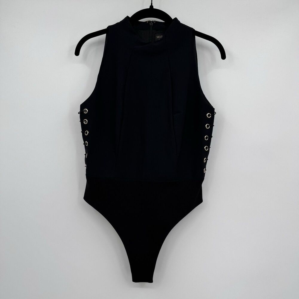 MISHA Collection Black Lace Up Corset Bodysuit Womens Medium High Neck Stretch